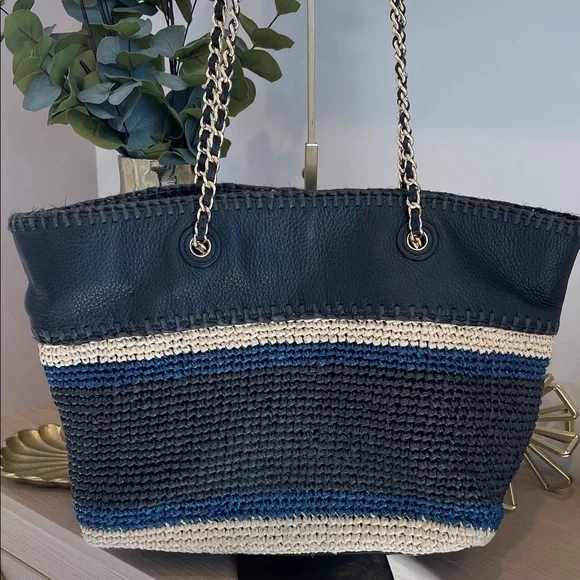 Tory Burch Black, Cream and Navy Woven Tote - Picture 6 of 8